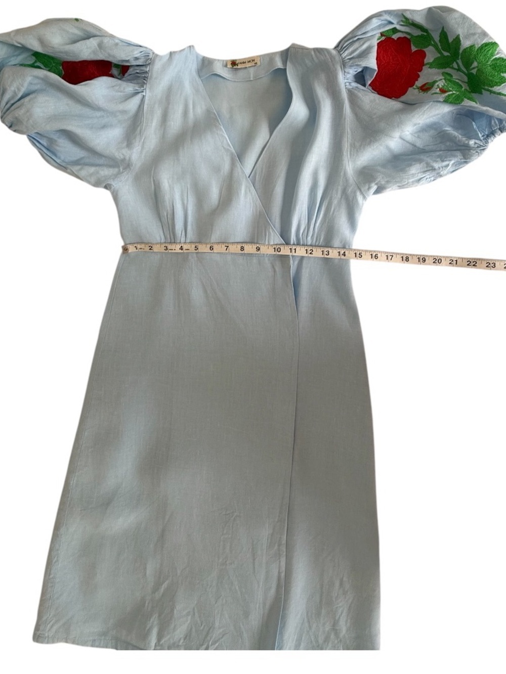 Fanm Mon Nif Linen Mini Dress XS Blue Floral Embroidered Resort Euro Summer - Picture 10 of 13